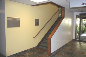 This is the set of stairs that leads to the second floor, the home of Counseling &amp; Psychological Services